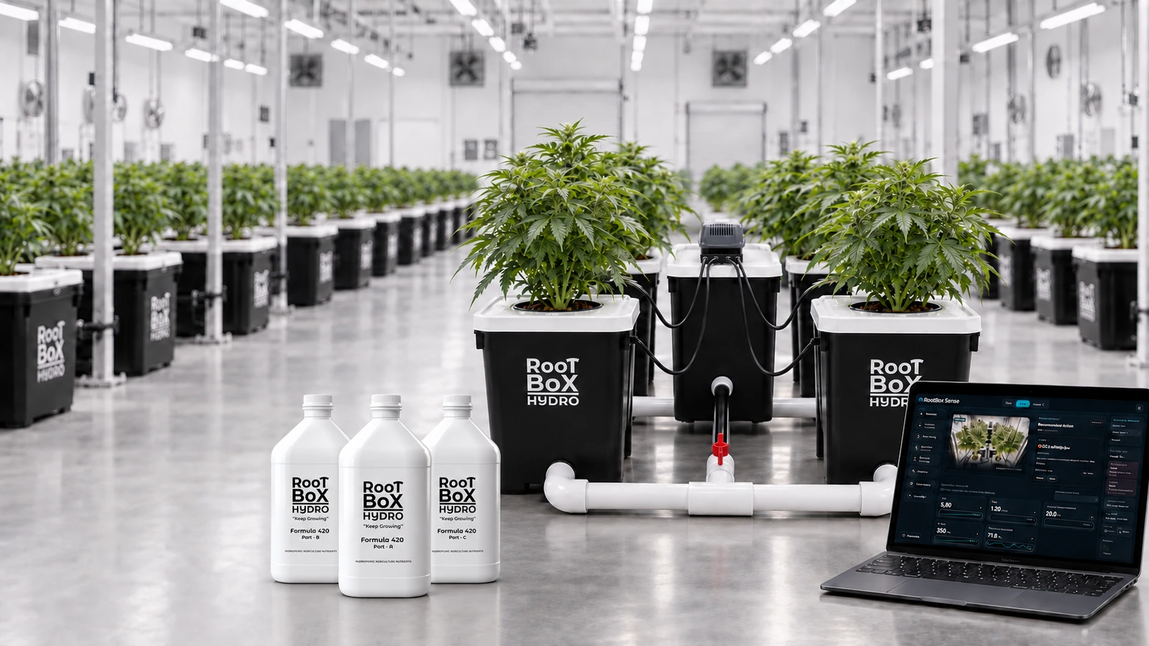 Eine große Indoor-Anlage mit Anbausystemen von RootBox Hydro.