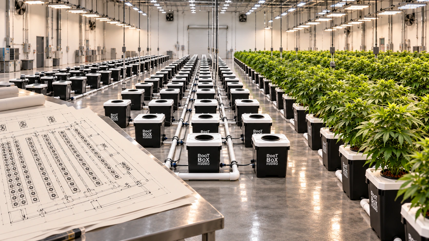 Concept visualization of a large hydroponic cultivation facility with rows of RootBox modules.