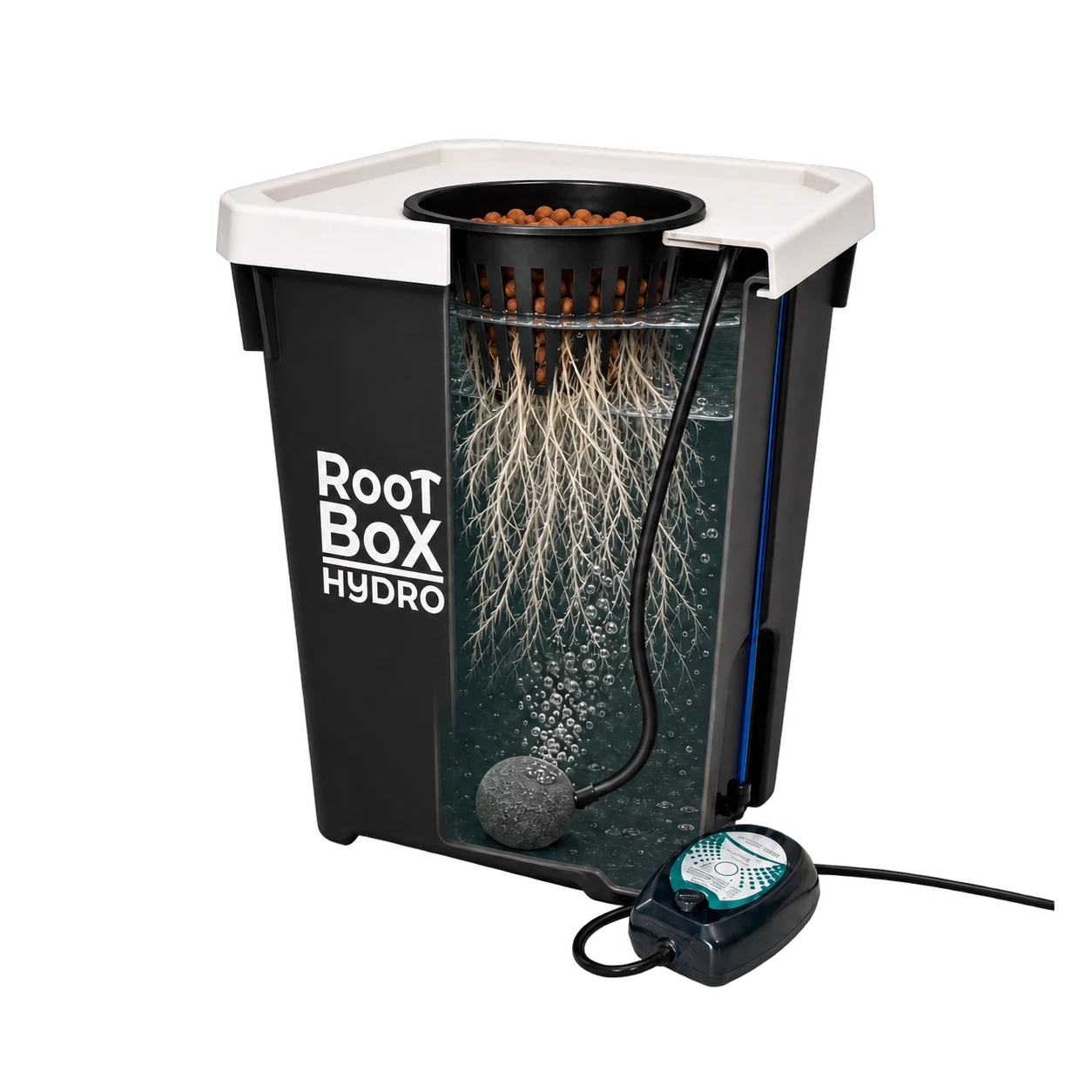 Schnittansicht des RootBox Hydro DWC-Systems mit Netztopf, gesunden Wurzeln, Ausströmer, Füllstandsanzeige und externer Luftpumpe.