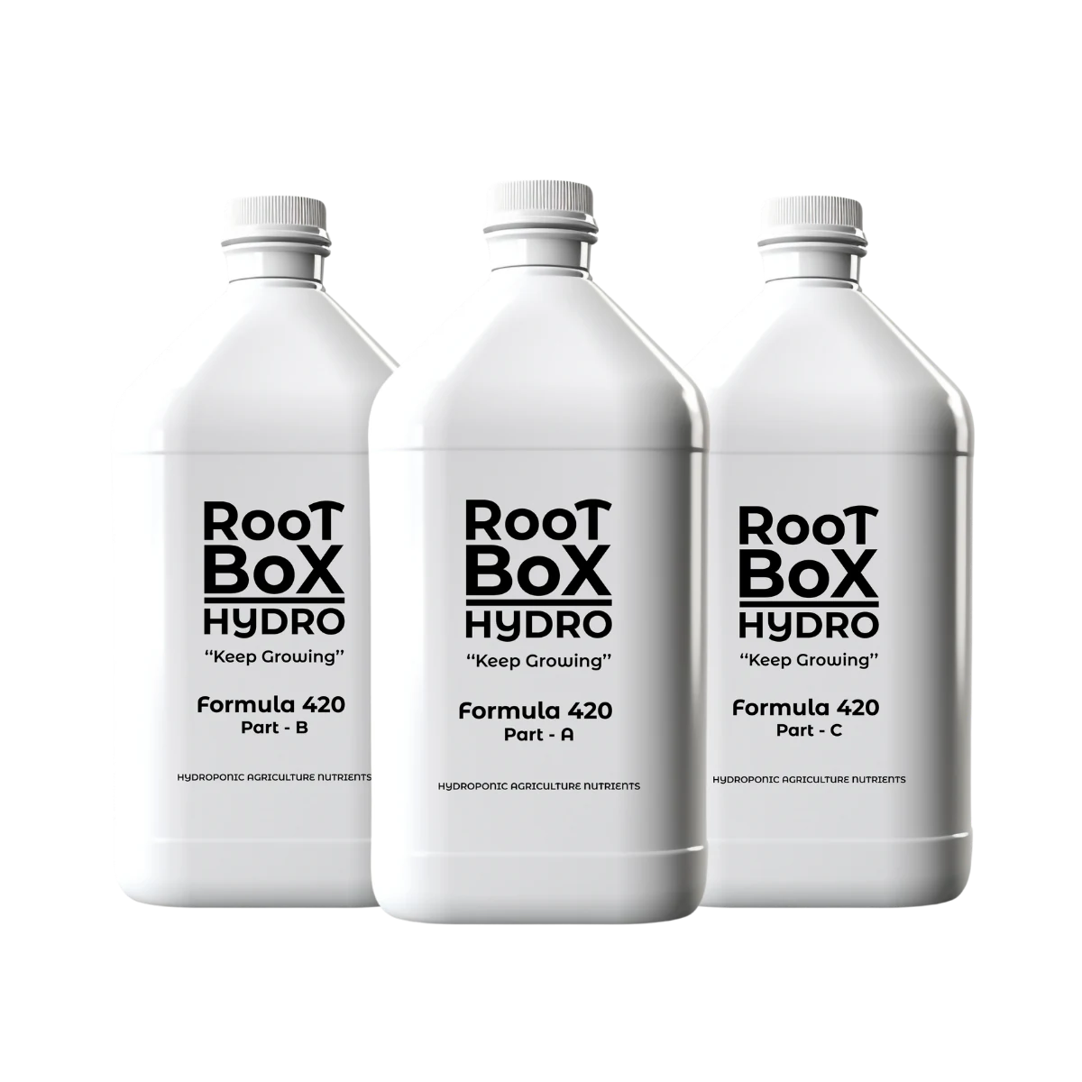 RootBox Hydro Formula 420 Nutrient Set A, B and C 1 L bottles.