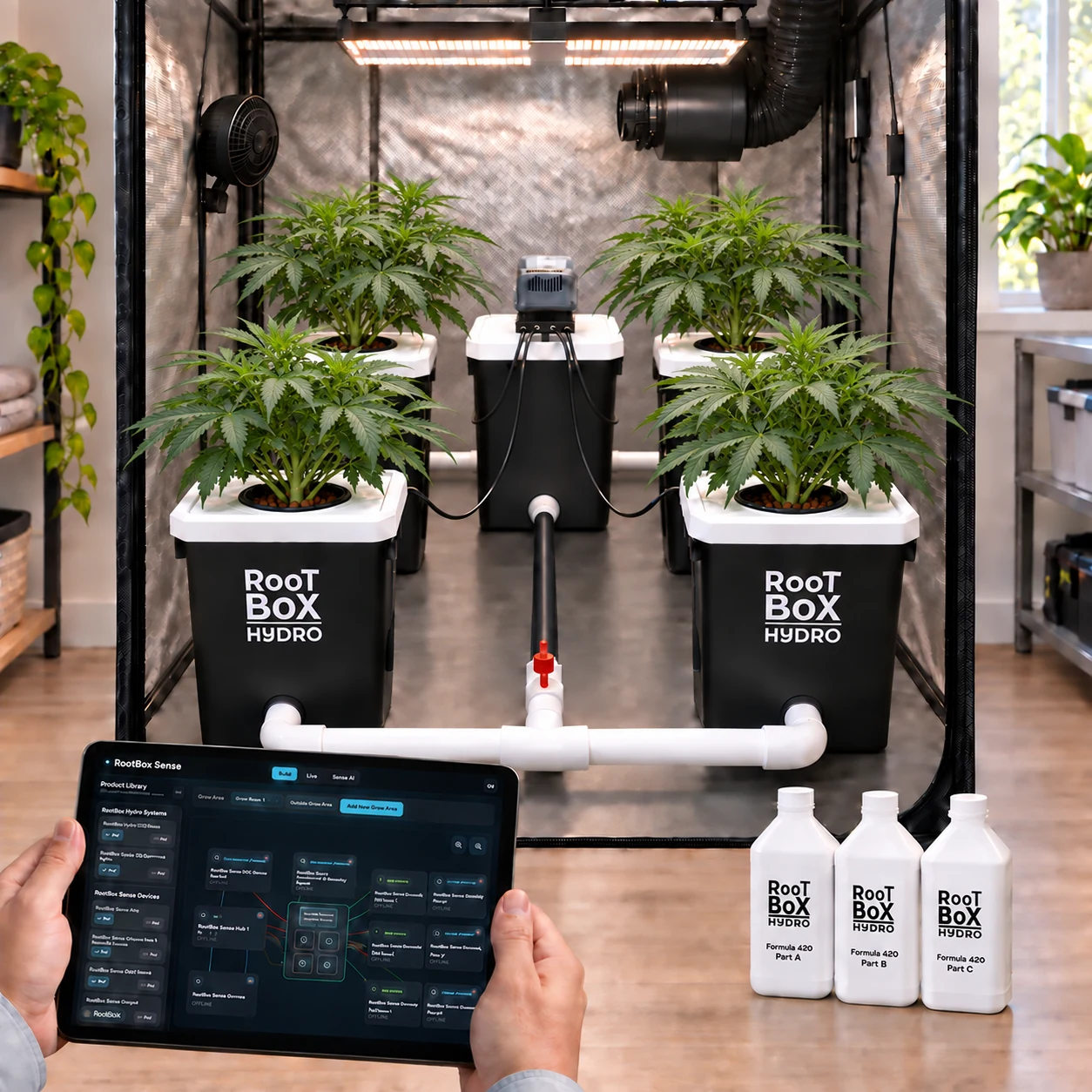RootBox Hydro RDWC 4+1 system with a supporting RootBox Sense Live dashboard view.